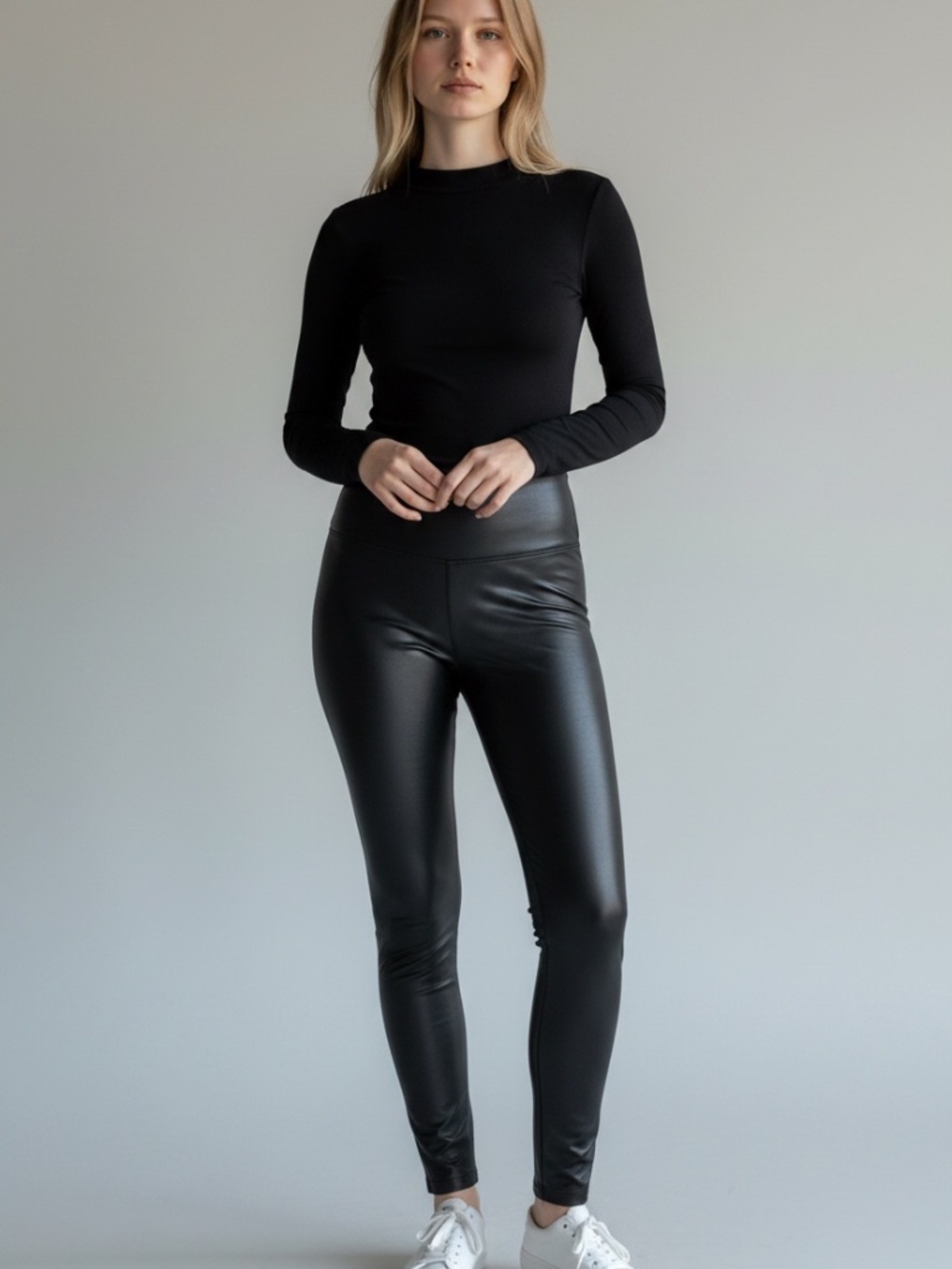 SPANX Black Faux Leather Leggings Size M High Waisted Matte Finish Slimming